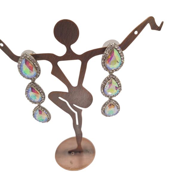 3 Teardrop AB Rhinestone Drop Earrings Post Backs Silver Tone - Picture 1 of 4